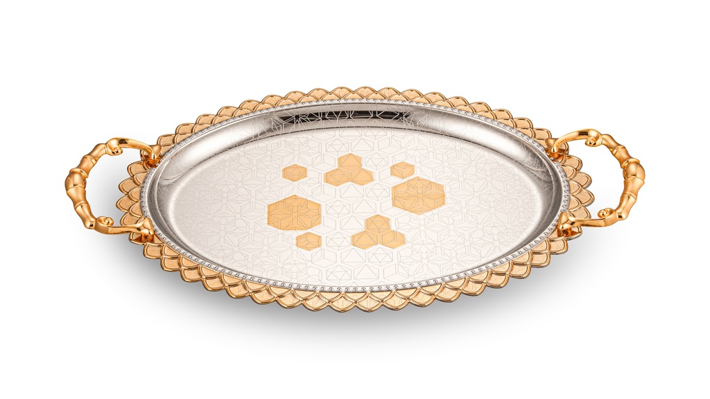 IRON NICKEL PLATED TRAY WITH GOLD COLOR HANDLE & EDGE & PATTERN, 3PCS SET