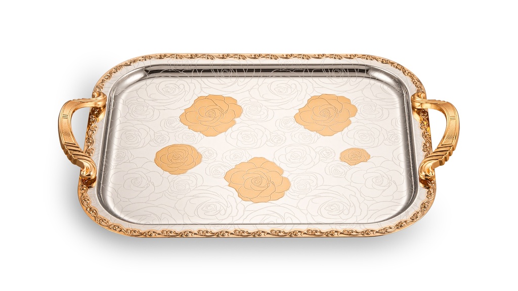 IRON NICKEL PLATED TRAY WITH GOLD COLOR HANDLE & EDGE & PATTERN