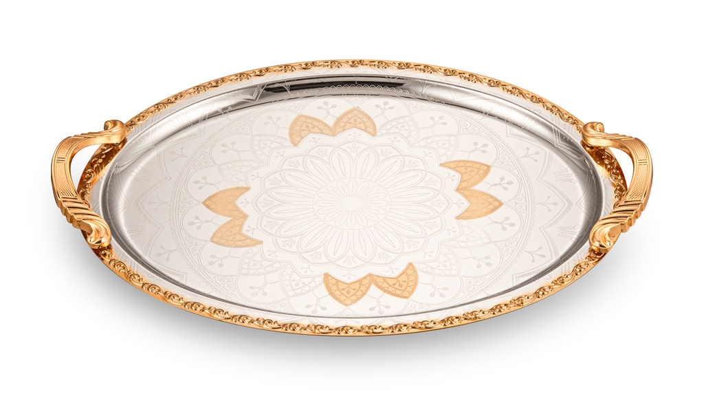 IRON NICKEL PLATED TRAY WITH GOLD COLOR HANDLE & EDGE & PATTERN