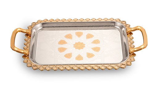 [016-0002] IRON NICKEL PLATED TRAY WITH GOLD COLOR HANDLE & EDGE & PATTERN,