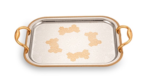 [016-0010] IRON NICKEL PLATED TRAY WITH GOLD COLOR HANDLE & EDGE & PATTERN